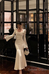 Gorgeous Mermaid Square Neckline Long Sleeves Date Night Dress White Prom Dresses Birthday Outfits