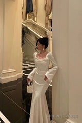 Gorgeous Mermaid Square Neckline Long Sleeves Date Night Dress White Prom Dresses Birthday Outfits
