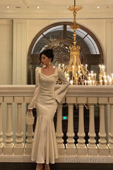 Gorgeous Mermaid Square Neckline Long Sleeves Date Night Dress White Prom Dresses Birthday Outfits