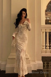 Gorgeous Mermaid V Neckline Long Sleeves Date Night Dress White Lace Prom Dresses Birthday Outfits