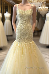 Gorgeous Mermaid Yellow Lace Long Prom Dresses, Mermaid Yellow Formal Dresses, Yellow Lace Evening Dresses