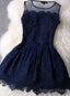 Gorgeous Navy Blue Lace Dress, Hollow Out Homecoming Dresses For Teen