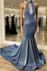 Gorgeous Navy Blue Long Mermaid V-Neck Prom Dresses Spaghetti-Straps