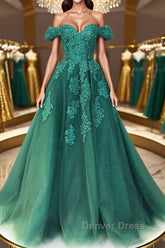 Gorgeous Off Shoulder Green Lace Long Prom Dresses, Green Lace Formal Evening Dresses, Green Ball Gown