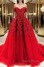 Gorgeous Off Shoulder Red Lace Long Prom Dress, Red Lace Prom Dresses, Red Ball Gowns