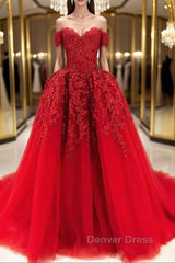 Gorgeous Off Shoulder Red Lace Long Prom Dresses, Red Lace Formal Evening Dresses, Red Ball Gown