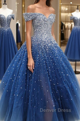 Gorgeous Off Shoulder Sequins Blue Long Prom Dresses, Shiny Sequins Blue Formal Evening Dresses, Blue Ball Gown