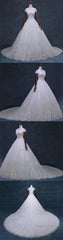 Gorgeous Off Shoulder Short Sleeve Lace Appliques Beading Sparkly Ball Gown Cathedral Train Wedding Dress