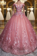 Gorgeous Off the Shoulder Pink Lace Appliques Long Prom Dresses, Off Shoulder Pink Formal Dresses, Pink Evening Dresses, Ball Gown