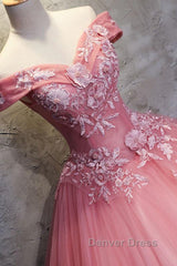 Gorgeous Off the Shoulder Pink Lace Appliques Long Prom Dresses, Off Shoulder Pink Formal Dresses, Pink Evening Dresses, Ball Gown