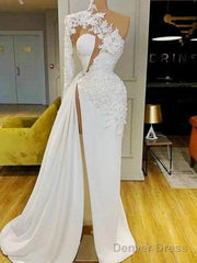 Gorgeous One Shoulder Long Sleeve With Appliques Side Split Prom Dress.