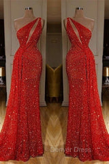 Gorgeous One Shoulder Red Sequins Long Prom Dresses