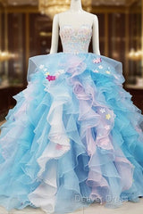 Gorgeous Organza Flowers Blue Sweet 16 Gown, Handmade Party Dresses