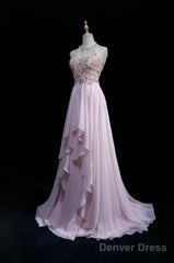 Gorgeous Pink A-Line Tulle High Neck Chiffon Long Beaded Backless Prom Dress Retro Wedding Birthday Dress