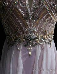 Gorgeous Pink A-Line Tulle High Neck Chiffon Long Beaded Backless Prom Dress Retro Wedding Birthday Dress