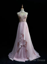 Gorgeous Pink A-Line Tulle High Neck Chiffon Long Beaded Backless Prom Dress Retro Wedding Birthday Dress
