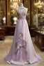 Gorgeous Pink A-Line Tulle High Neck Chiffon Long Beaded Backless Prom Dresses Retro Wedding Birthday Dresses