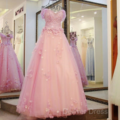 Gorgeous Pink Flowers Off Shoulder Party Dresses, Pink Formal Dresses Ball Gown Formal Dresses