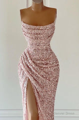 Gorgeous Pink Sequined Sleeveless Prom Dress With Slit