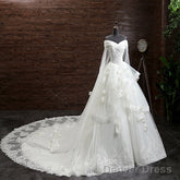 Gorgeous Princess Lace Appliques Beading Off Shoulder Ruffles Ball Gown Detachable Watteau Train Wedding Dress