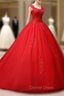 Gorgeous Red Tulle Ball Gowns Long Prom Dress with Lace Flowers, Red Sweet 16 Dresses