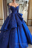 Gorgeous Royal Blue Lace Ruffled Prom Party Gowns| Strapless Sweetheart Beads Quinceanera Dresses