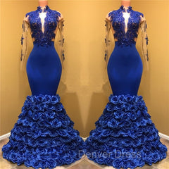 Gorgeous Royal Blue Prom Dresses Long Sleevess Evening Gowns with Rose Flowers