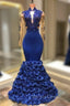 Gorgeous Royal Blue Prom Dresses Long Sleevess Evening Gowns with Rose Flowers