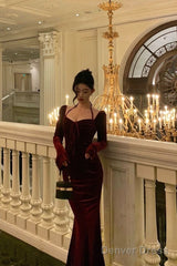 Gorgeous Sheath Halter Long Sleeves Burgundy Velvet Date Night Dress Prom Dresses Birthday Outfit