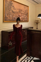 Gorgeous Sheath Halter Long Sleeves Burgundy Velvet Date Night Dress Prom Dresses Birthday Outfit