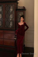 Gorgeous Sheath Halter Long Sleeves Burgundy Velvet Date Night Dress Prom Dresses Birthday Outfit