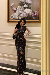 Gorgeous Sheath High Neckline Black Floral Date Night Dress Long Prom Dresses Birthday Outfits