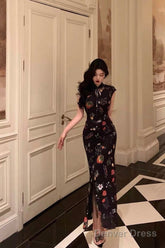 Gorgeous Sheath High Neckline Black Floral Date Night Dress Long Prom Dresses Birthday Outfits