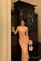 Gorgeous Sheath High Neckline Long Sleeves Pink Date Night Dress Long Prom Dresses Birthday Outfits