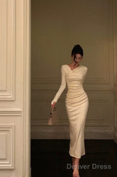 Gorgeous Sheath Long Sleeves Ivory Date Night Dress Long Prom Dresses Birthday Outfits