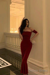 Gorgeous Sheath Off The Shoulder Short Sleeves Date Night Dress Red Prom Dresses Birthday Outfits