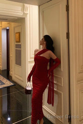 Gorgeous Sheath One Shoulder Sleeveless Date Night Dress Red Ruffle Prom Dresses Birthday Outfits