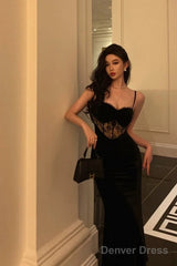 Gorgeous Sheath Spaghetti Straps Black Lace Date Night Dress Long Prom Dresses Birthday Outfits