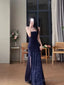 Gorgeous Sheath Spaghetti Straps Navy Blue Sequin Prom Dress Birthday Outfits