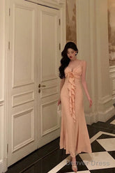 Gorgeous Sheath Spaghetti Straps Pink Chiffon Date Night Dress Long Prom Dresses Birthday Outfits