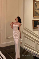 Gorgeous Sheath Spaghetti Straps White Satin Date Night Dress Long Prom Dresses Birthday Outfits