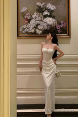 Gorgeous Sheath Spaghetti Straps White Satin Date Night Dress Long Prom Dresses Birthday Outfits