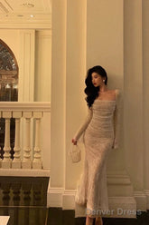 Gorgeous Sheath Square Neckline Long Sleeves Date Night Dress White Lace Prom Dresses Birthday Outfits