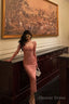 Gorgeous Sheath Square Neckline Long Sleeves Pink Lace Date Night Dress Long Prom Dresses Birthday Outfits