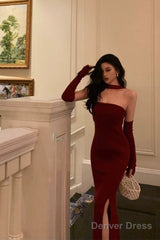 Gorgeous Sheath Strapless Burgundy Date Night Dress Tulle Prom Dresses With Gloves Party Dress Birthday Outfits