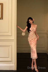 Gorgeous Sheath V Neckline Date Night Dress Floral Pink Prom Dresses Party Dress Birthday Outfits