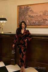 Gorgeous Sheath V Neckline Pink Floral Date Night Dress Long Prom Dresses Birthday Outfits