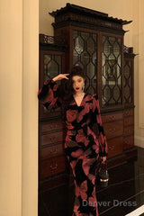 Gorgeous Sheath V Neckline Pink Floral Date Night Dress Long Prom Dresses Birthday Outfits