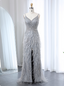 Gorgeous Silver-Grey Spaghetti Strap V-Neck Feather Sequin Slit Long Prom Dresses Evening Dresses