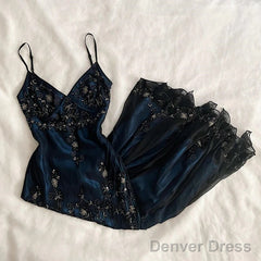 Gorgeous Spaghetti Straps Mermaid Navy Blue Beads Beaded Long Prom Dress